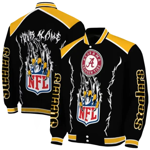 personalized pittsburgh steelers claw blood gold black varsity jacket fashion forward