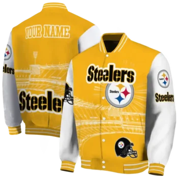 personalized pittsburgh steelers ferris arena gold white varsity jacket fashion forward