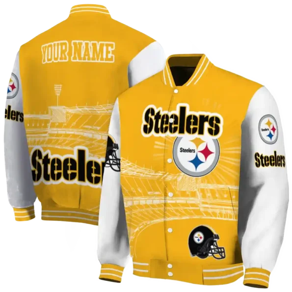 personalized pittsburgh steelers ferris arena gold white varsity jacket fashion forward