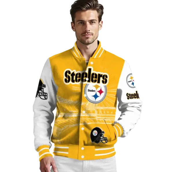 personalized pittsburgh steelers ferris arena gold white varsity jacket high quality