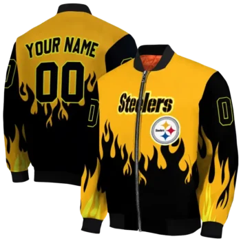 personalized pittsburgh steelers flame border gold black bomber jacket fashion forward