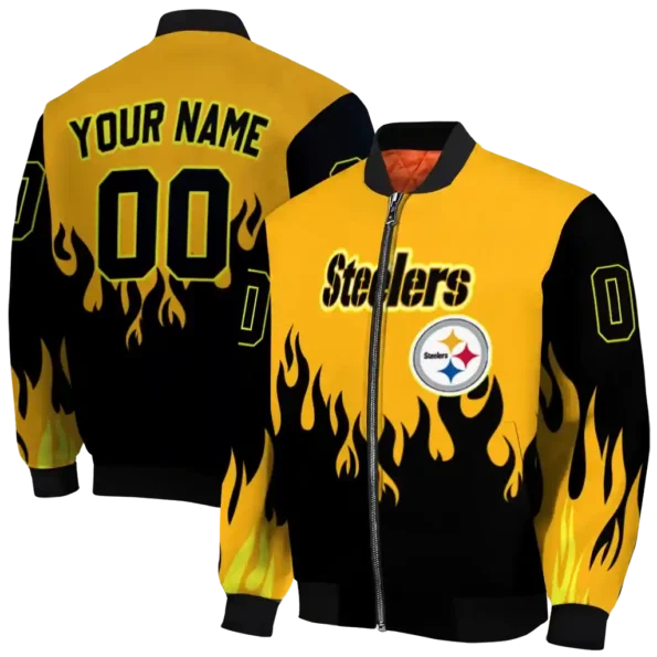 personalized pittsburgh steelers flame border gold black bomber jacket fashion forward