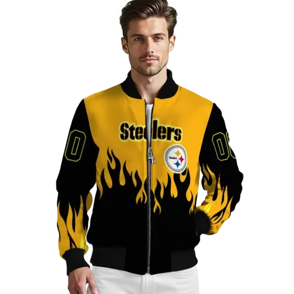 personalized pittsburgh steelers flame border gold black bomber jacket high quality