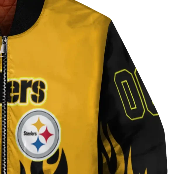 personalized pittsburgh steelers flame border gold black bomber jacket premium grade
