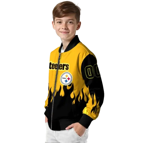personalized pittsburgh steelers flame border gold black bomber jacket trendy
