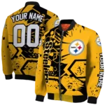 personalized pittsburgh steelers hexagon cluster gold black bomber jacket best selling