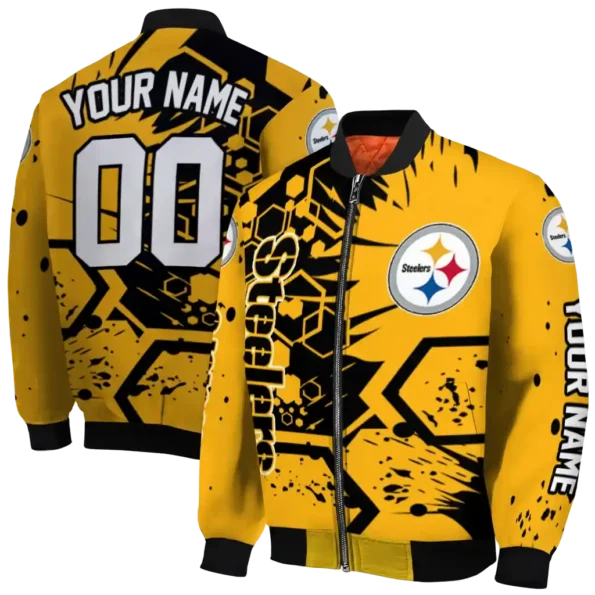 personalized pittsburgh steelers hexagon cluster gold black bomber jacket fashion forward
