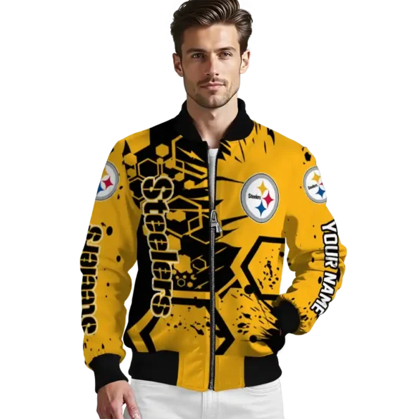 personalized pittsburgh steelers hexagon cluster gold black bomber jacket high quality