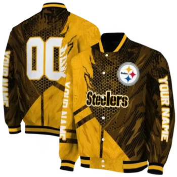 personalized pittsburgh steelers hexagon mesh gold black varsity jacket fashion forward