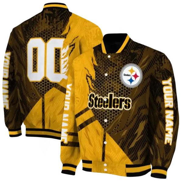 personalized pittsburgh steelers hexagon mesh gold black varsity jacket fashion forward