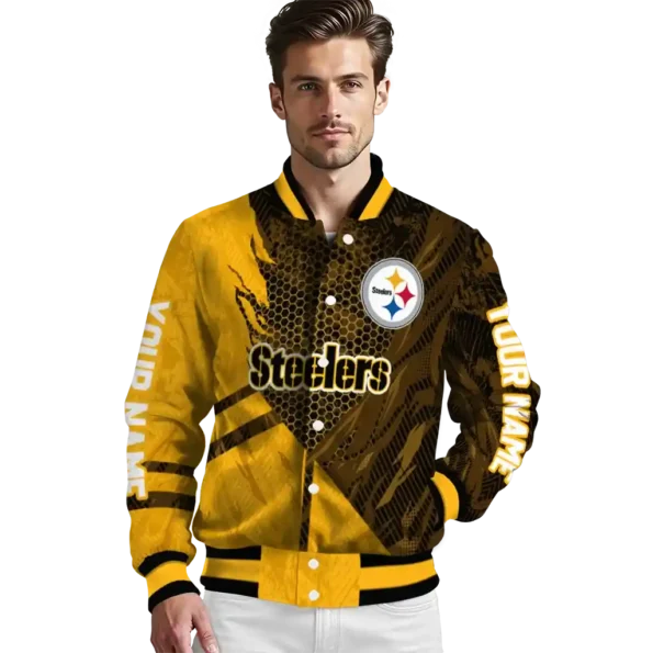 personalized pittsburgh steelers hexagon mesh gold black varsity jacket high quality