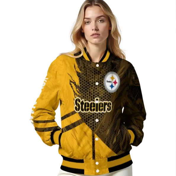 personalized pittsburgh steelers hexagon mesh gold black varsity jacket latest model