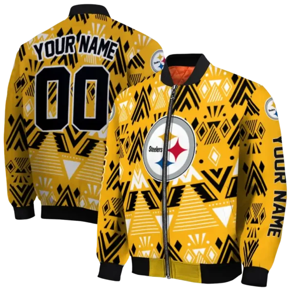 personalized pittsburgh steelers pyramid shapes gold bomber jacket fashion forward