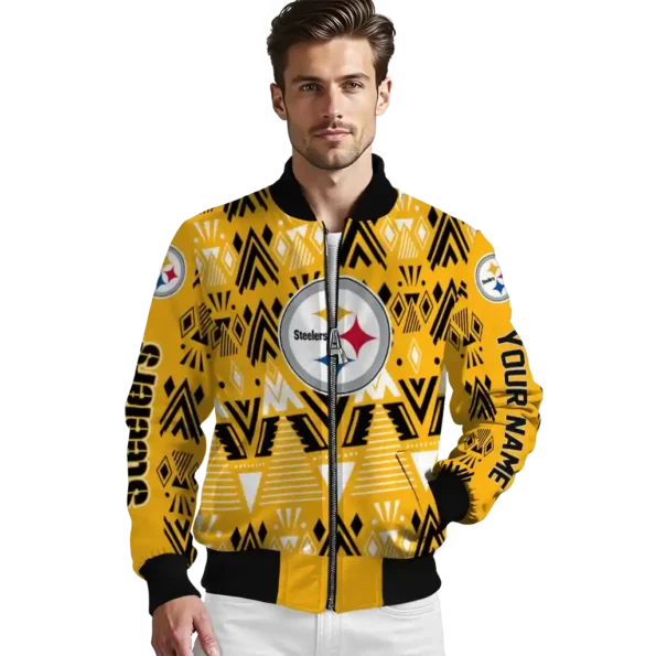 personalized pittsburgh steelers pyramid shapes gold bomber jacket high quality