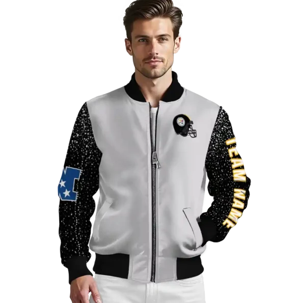personalized pittsburgh steelers speckled arms gold gray bomber jacket high quality