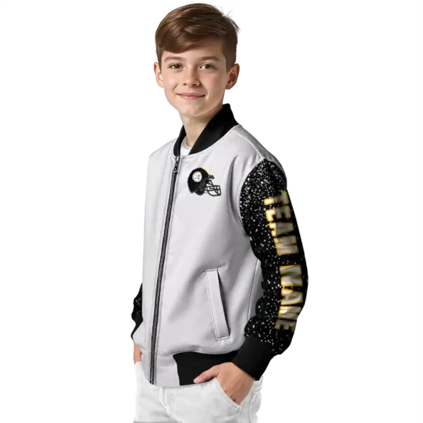 personalized pittsburgh steelers speckled arms gold gray bomber jacket trendy