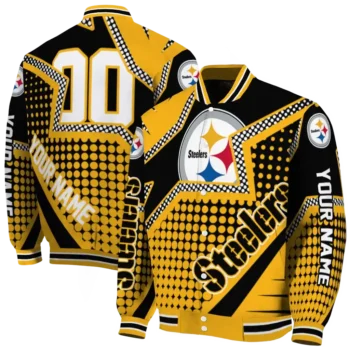 personalized pittsburgh steelers star burst gold varsity jacket fashion forward