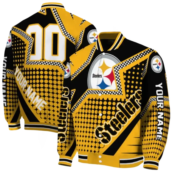 personalized pittsburgh steelers star burst gold varsity jacket fashion forward