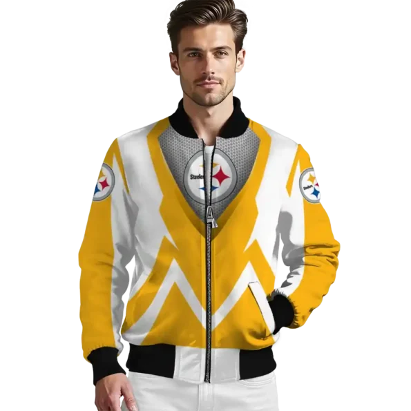 personalized pittsburgh steelers v stripes gold white bomber jacket high quality