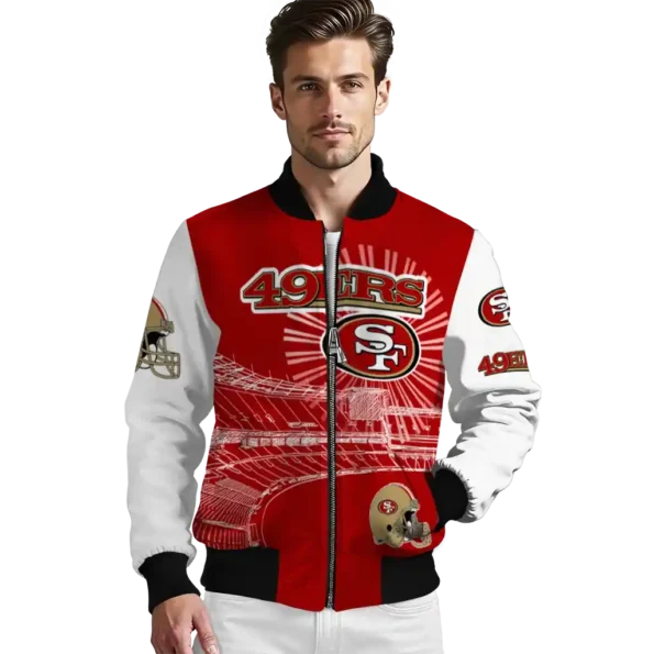 personalized san francisco 49ers ferris arena red white bomber jacket high quality