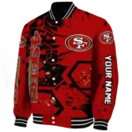 personalized san francisco 49ers hexagon cluster red black varsity jacket best selling