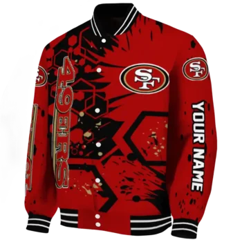 personalized san francisco 49ers hexagon cluster red black varsity jacket best selling