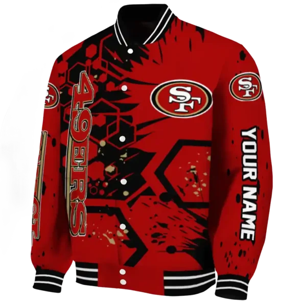 personalized san francisco 49ers hexagon cluster red black varsity jacket best selling