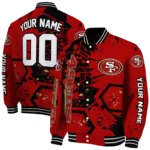 personalized san francisco 49ers hexagon cluster red black varsity jacket best selling
