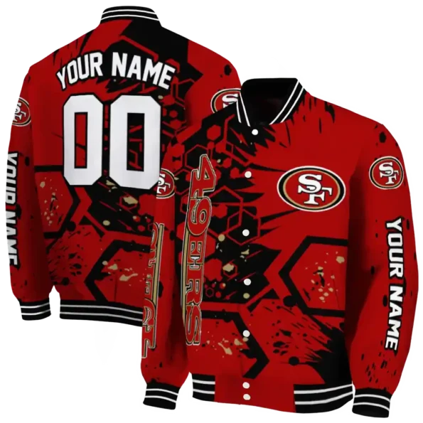 personalized san francisco 49ers hexagon cluster red black varsity jacket fashion forward