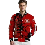 personalized san francisco 49ers hexagon cluster red black varsity jacket best selling