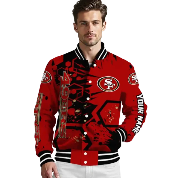 personalized san francisco 49ers hexagon cluster red black varsity jacket high quality