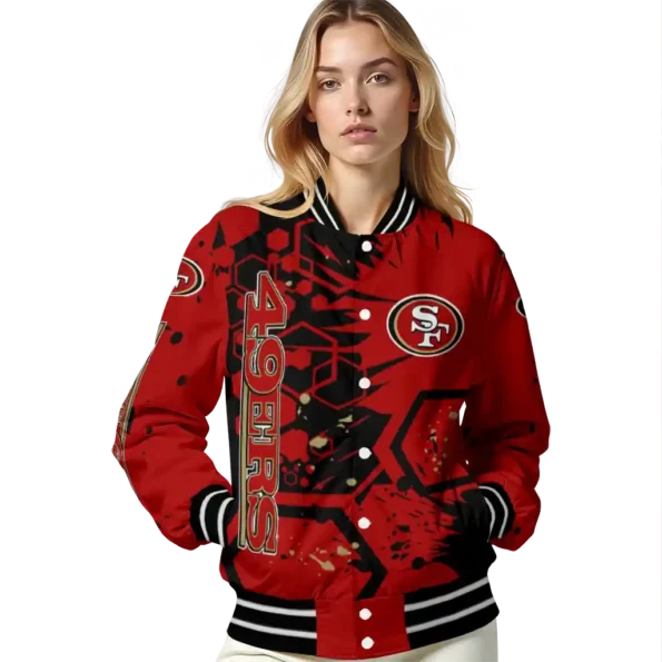 personalized san francisco 49ers hexagon cluster red black varsity jacket latest model
