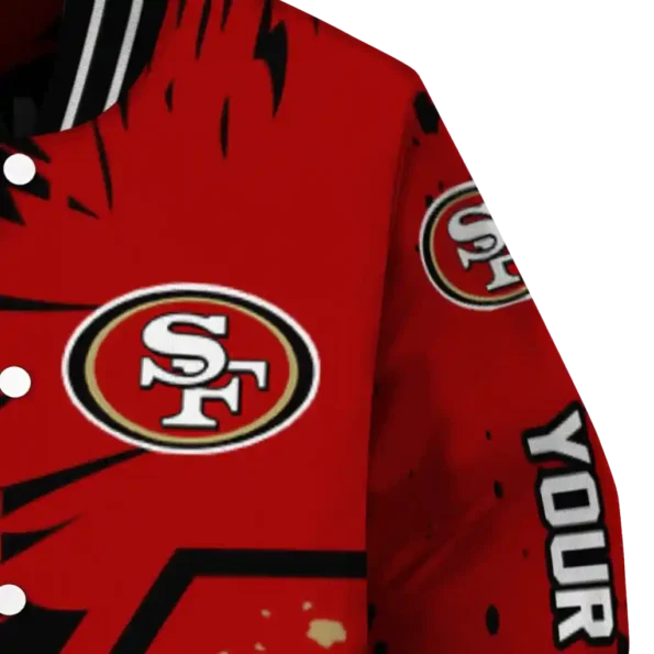 personalized san francisco 49ers hexagon cluster red black varsity jacket premium grade
