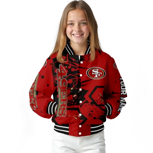 personalized san francisco 49ers hexagon cluster red black varsity jacket top rated