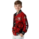 personalized san francisco 49ers hexagon cluster red black varsity jacket best selling