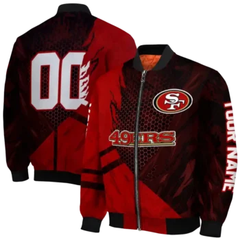 personalized san francisco 49ers hexagon mesh red black bomber jacket fashion forward
