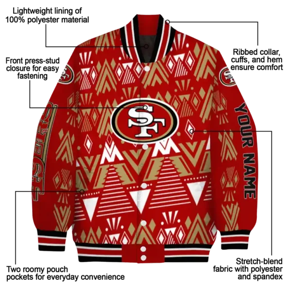 personalized san francisco 49ers pyramid shapes red varsity jacket new arrival