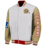 personalized san francisco 49ers speckled arms red gray varsity jacket best selling