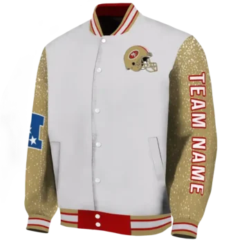 personalized san francisco 49ers speckled arms red gray varsity jacket best selling