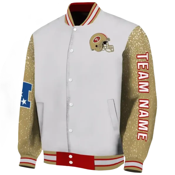 personalized san francisco 49ers speckled arms red gray varsity jacket best selling