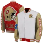 personalized san francisco 49ers speckled arms red gray varsity jacket best selling