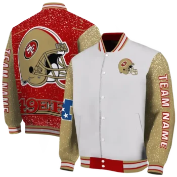 personalized san francisco 49ers speckled arms red gray varsity jacket fashion forward