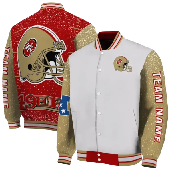 personalized san francisco 49ers speckled arms red gray varsity jacket fashion forward