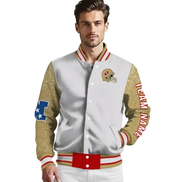 personalized san francisco 49ers speckled arms red gray varsity jacket high quality
