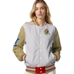 personalized san francisco 49ers speckled arms red gray varsity jacket best selling