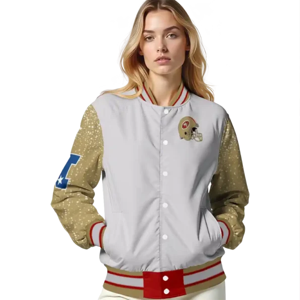 personalized san francisco 49ers speckled arms red gray varsity jacket latest model