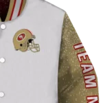 personalized san francisco 49ers speckled arms red gray varsity jacket best selling