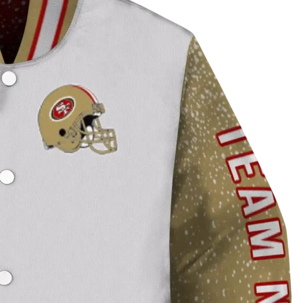 personalized san francisco 49ers speckled arms red gray varsity jacket premium grade
