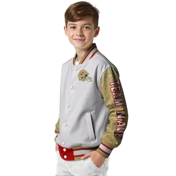 personalized san francisco 49ers speckled arms red gray varsity jacket trendy