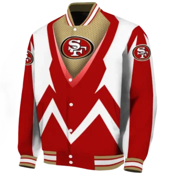 personalized san francisco 49ers v stripes red white varsity jacket best selling